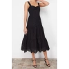 New Regular Casual Daily Embroidered Woven Heart Neck Strappy Sleeve Skater Midi Length Dress