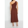 New Regular Casual Daily Crinkle Woven Asymmetrical Collar Sleeveless Skater Midi Length Dress