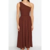 New Regular Casual Daily Crinkle Woven Asymmetrical Collar Sleeveless Skater Midi Length Dress