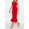 Yeni Slim Gündüz Gece Scuba Krep Örme V Yaka Askılı Kol Eteği Fırfırlı Midi Boy Elbise