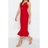 Yeni Slim Gündüz Gece Scuba Krep Örme V Yaka Askılı Kol Eteği Fırfırlı Midi Boy Elbise