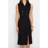New Regular Day Night Finike Woven Jacket Collar Sleeveless Sleeve Bodycone Midi Length Dress