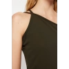 New Regular Day Night Scuba Crepe Knitted Asymmetrical Neck Strappy Sleeve A-Line Midi Length Dress