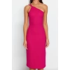 New Regular Day Night Scuba Crepe Knitted Asymmetrical Neck Strappy Sleeve A-Line Midi Length Dress