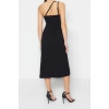 New Regular Day Night Scuba Crepe Knitted Asymmetrical Neck Strappy Sleeve A-Line Midi Length Dress