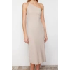 New Regular Day Night Scuba Crepe Knitted Asymmetrical Neck Strappy Sleeve A-Line Midi Length Dress