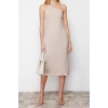 New Regular Day Night Scuba Crepe Knitted Asymmetrical Neck Strappy Sleeve A-Line Midi Length Dress