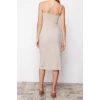 New Regular Day Night Scuba Crepe Knitted Asymmetrical Neck Strappy Sleeve A-Line Midi Length Dress
