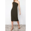 New Regular Day Night Scuba Crepe Knitted Asymmetrical Neck Strappy Sleeve A-Line Midi Length Dress