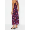 New Slim Day Night Tulle Knitted Asymmetrical Neckline Strappy Sleeve Bodycone Maxi Length Dress