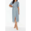 New Comfortable Casual Daily Shally Woven Shirt Collar Short Sleeve Shirt Dress Midi Length Dress