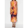 New Casual Day Night Matte Satin Woven Halter Neck Sleeveless Shift Midi Length Dress
