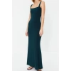 New Slim Casual Daily Thick Sandy Knitted Square Neck Strappy Sleeve Bodycone Maxi Length Dress