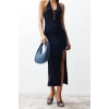 New Slim Day Night Ribbed Knitwear Halter Neck Sleeveless A-Line Maxi Dress