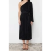 New Regular Day Night Pleated Knitted Asymmetrical Collar Long Sleeve A-Line Midi Length Dress
