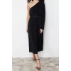 New Regular Day Night Pleated Knitted Asymmetrical Collar Long Sleeve A-Line Midi Length Dress