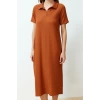 Yeni Rahat Casual Günlük Bürümcük Örme Polo Yaka Kısa Kol T-Shirt Elbise Midi Boy Elbise
