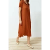 Yeni Rahat Casual Günlük Bürümcük Örme Polo Yaka Kısa Kol T-Shirt Elbise Midi Boy Elbise