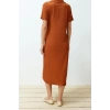 Yeni Rahat Casual Günlük Bürümcük Örme Polo Yaka Kısa Kol T-Shirt Elbise Midi Boy Elbise