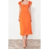 New Regular Day Night Yoryo Chiffon Woven Heart Neck Short Sleeve Skater Midi Length Dress