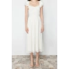 New Regular Day Night Yoryo Chiffon Woven Heart Neck Short Sleeve Skater Midi Length Dress
