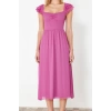 New Regular Day Night Yoryo Chiffon Woven Heart Neck Short Sleeve Skater Midi Length Dress