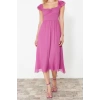 New Regular Day Night Yoryo Chiffon Woven Heart Neck Short Sleeve Skater Midi Length Dress