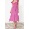 New Regular Day Night Yoryo Chiffon Woven Heart Neck Short Sleeve Skater Midi Length Dress