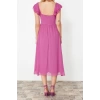 New Regular Day Night Yoryo Chiffon Woven Heart Neck Short Sleeve Skater Midi Length Dress