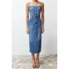 New Fit Casual Daily Rigid Denim Square Neck Strappy Sleeve Basic Maxi Length Dress
