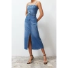 New Fit Casual Daily Rigid Denim Square Neck Strappy Sleeve Basic Maxi Length Dress