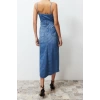 New Fit Casual Daily Rigid Denim Square Neck Strappy Sleeve Basic Maxi Length Dress