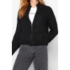 Kadın Moda Şık Crop Dik Yaka Regular Crop Yumuşak Dokulu Fermuarlı Saç Örgülü Triko Hırka