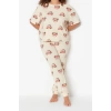 Plus Size Womens Cotton Crew Neck Short Sleeve Teddy Bear Patterned Knitted Pajama Set