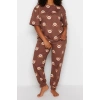Plus Size Womens Cotton Crew Neck Short Sleeve Teddy Bear Patterned Knitted Pajama Set