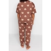 Plus Size Womens Cotton Crew Neck Short Sleeve Teddy Bear Patterned Knitted Pajama Set