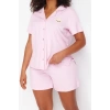 Büyük Beden Kadın Pamuklu Gömlek Yaka Kısa Kol Pamuklu Ayıcık Nakışlı Örme Pijama Takımı