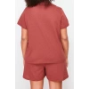 Büyük Beden Kadın Pamuklu Gömlek Yaka Kısa Kol Pamuklu Ayıcık Nakışlı Örme Pijama Takımı