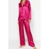 Womens Polyester Shirt Collar Long Sleeve Fuchsia Heart Patterned Satin Shirt-Pants Woven Pajama Set