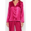 Womens Polyester Shirt Collar Long Sleeve Fuchsia Heart Patterned Satin Shirt-Pants Woven Pajama Set
