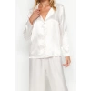 Womens Polyester Shirt Collar Long Sleeve Fuchsia Heart Patterned Satin Shirt-Pants Woven Pajama Set