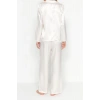 Womens Polyester Shirt Collar Long Sleeve Fuchsia Heart Patterned Satin Shirt-Pants Woven Pajama Set