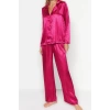 Womens Polyester Shirt Collar Long Sleeve Fuchsia Heart Patterned Satin Shirt-Pants Woven Pajama Set