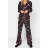 Womens Polyester Shirt Collar Long Sleeve Soft Christmas Themed Shirt-Pants Knitted Pajama Set