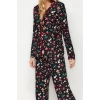 Womens Polyester Shirt Collar Long Sleeve Soft Christmas Themed Shirt-Pants Knitted Pajama Set