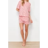 Womens Cotton Polyester Square Collar Short Sleeve Cotton Cherry Patterned Knitted Pajama Set