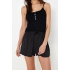 Womens Viscose Pool Collar Strapless Sleeve Polka Dot Button Detailed Rope Strap Knitted Pajama Set