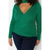 Womens Plus Size Fashion Stylish Regular Choker Collar Long Sleeve Plain Collar Detailed Double Breasted Knitwear Blouse