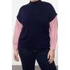 Womens Plus Size Regular Stand Collar Long Sleeve Color Block Multicolored Knitted Mixed Sleeves Sweater