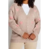 Womens Plus Size Fashion Stylish Regular Jacket Collar Long Sleeve Heart Heart Patterned Knitwear Cardigan
